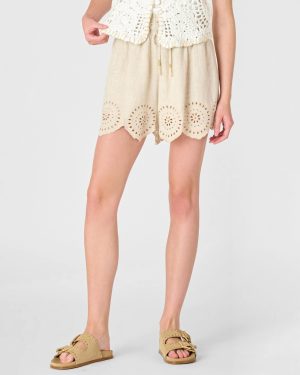 Eyelet Linen-Blend Pull On Short