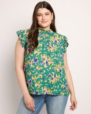 Plus Size Floral Ruffle Sleeve Neck Tie Top