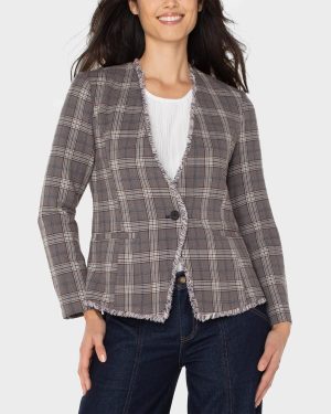 Collarless Fitted Blazer With Frayed