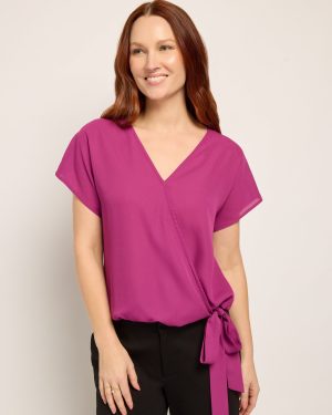 Solid Woven Short Sleeve Surplice Top