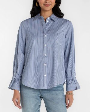 Adjustable Sleeve Button Front Woven Top