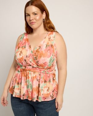 Plus Size Sleeveless Floral Wrap Peplum Top