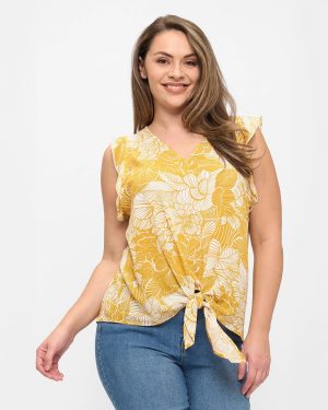 Plus Size Floral Woven Tie-Front Flutter Sleeve Top
