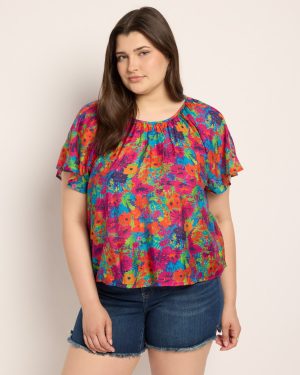 Plus Size Floral Short Sleeve Keyhole Back Top